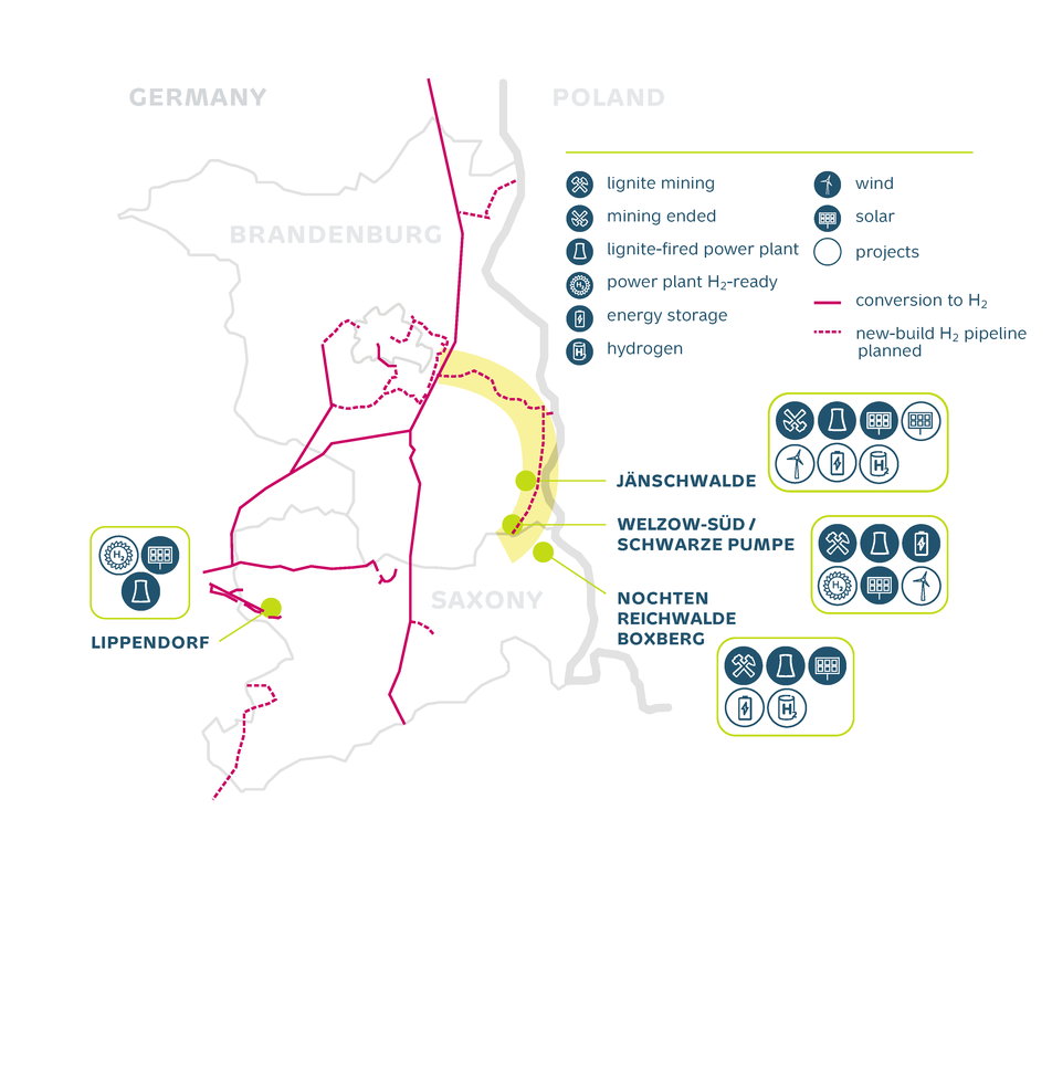 Map of energy sites, projects and pipeline infrastructure in Lusatia