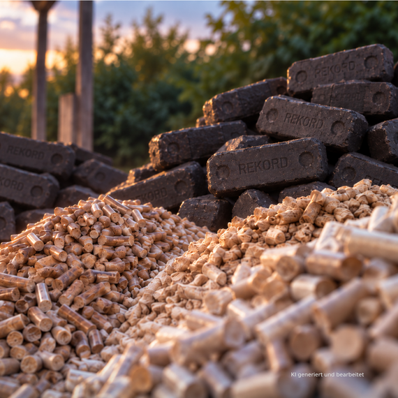 Holzpellets und Braunkohlenbriketts gehäuft im Außenbereich in einer KI generierten Collage